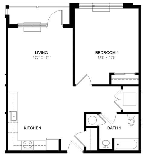 black and white floorplan bedroom and livingroom
